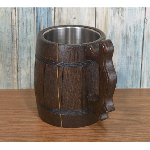 Rustic Wood Beer Mug Tankard Stein | Medieval Viking Style | **Has Crack** AS-IS - Picture 2 of 11